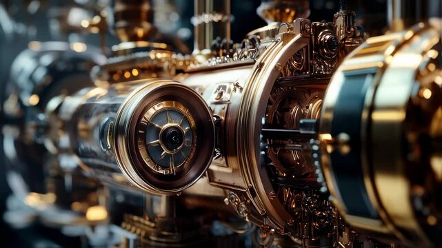 Detailed Close-Up of a Complex Golden Steampunk Machine with Intricate Gears and Mechanisms