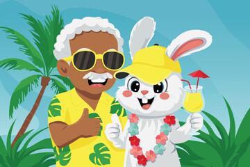 Happy oldery afro tourist man and cartoon bunny in tropical vacation setting. Summer travel, island holiday, character design for kids, t-shirt print, tourism promotion or sticker use.
