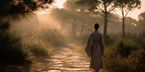 Back view of a woman in traditional robe walking a quiet woodland trail at sunrise, surrounded by mist and morning light.