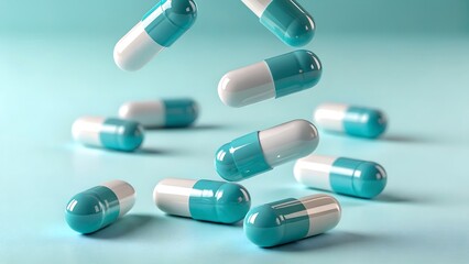 Teal and White Capsules Falling on Blue Background Vector Illustration