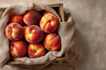 Detailed shot of ripe peaches in a wooden crate lined with burlap cloth, placed against a soft beige background, showing texture and warmth.