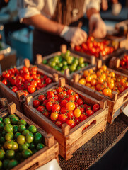 Multiple wooden crates filled with red, yellow, and green tomatoes at an outdoor market stall, glowing warmly in golden evening light.