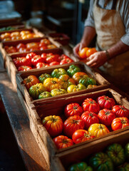 Multiple wooden crates filled with red, yellow, and green tomatoes at an outdoor market stall, glowing warmly in golden evening light.