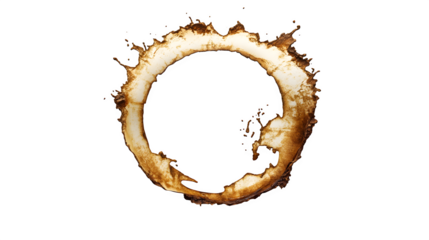 Hyperrealistic render of a single coffee ring stain on paper, forming a detailed, intricate map of an imaginary continent, isolated on Transparent background