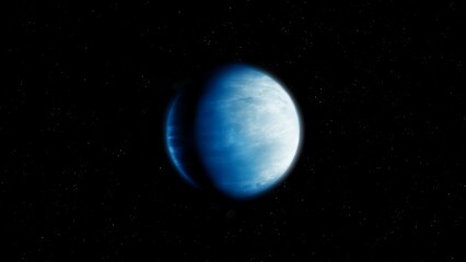 Realistic extrasolar planet. Exoplanet with water on the surface and oxygen in the atmosphere. Super-Earth, distant world.