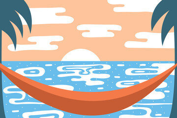 Abstract background with view of hammock tied to palm trees. Vector illustration in flat style