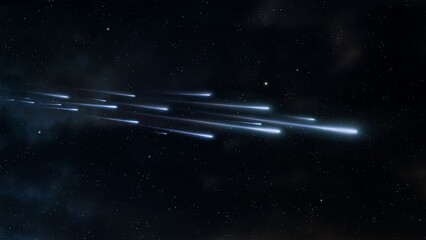 Fall of cosmic comets and meteors. Bolides with luminous traces. Meteor rain in the night sky....