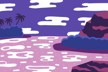 Abstract background with view of night tropical islands. Vector illustration in flat style