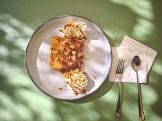 
French toast with salt caramel, street cafe, table, breakfast