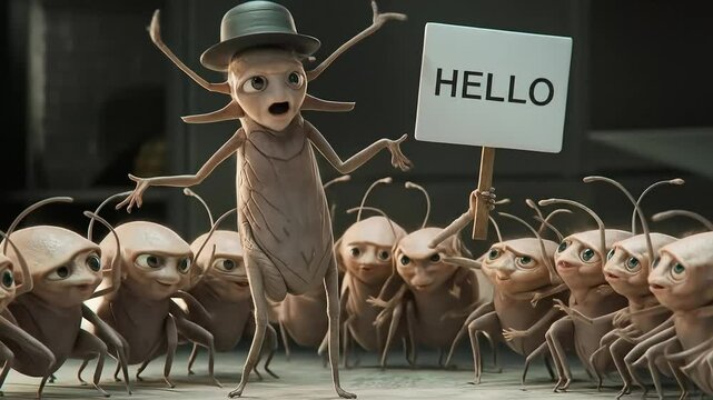 A funny animated cockroach wearing a hat leads a crowd of insects while one holds a sign that says HELLO