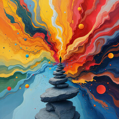 Abstract colorful landscape with person on stacked stones