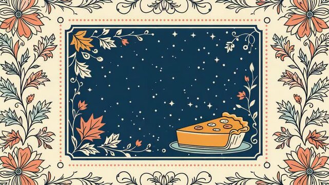 Pumpkin pie slice on decorative autumn background with floral elements  