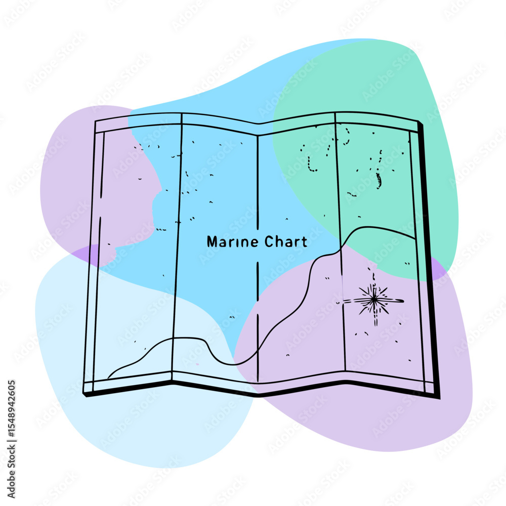 Poster this image is a line art illustration of a map with a compass rose, featuring abstract colored blobs