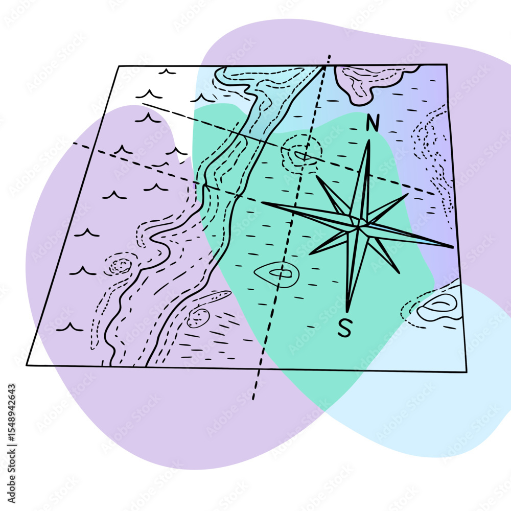 Poster this image is a line art illustration of a map with a compass rose, featuring abstract colored blobs