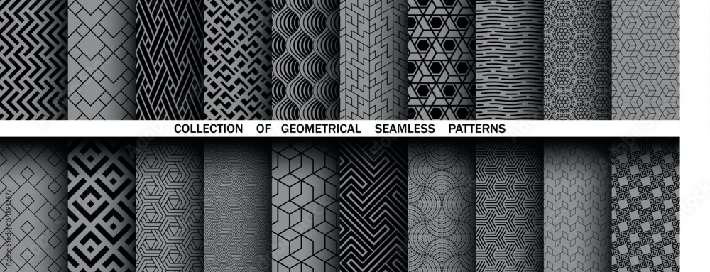 Poster Geometric set of seamless black and gray patterns. Simple vector graphics