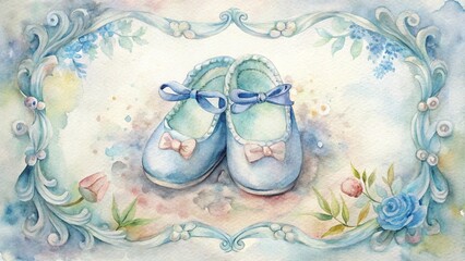 Watercolor blue baby shoes in an ornate frame. Ideal for maternity blogs, baby shower invitations, or parenting sites on themes like birth announcement, baptism, or infancy.