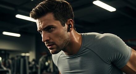 portrait of a young man in the gym. man in the gym. a man is wearing earbuds and a gray shirt while exercising.