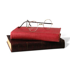 A pair of round glasses resting on two stacked books, symbolizing reading and knowledge.
