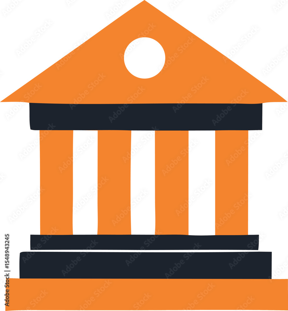 Poster stylized orange and black building icon with columns and triangular roof with a white circle isolate