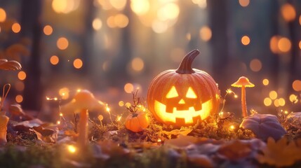 Fototapeta premium Jack-o'-lantern carved pumpkin with a glowing face, surrounded by autumn leaves and fairy lights in a dark forest. Halloween holiday concept for celebration All Hallows Eve, Samhain