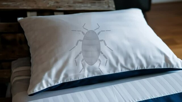 A before-and-after split screen shows a dirty pillow becoming clean, illustrating the elimination of bed bugs or mites