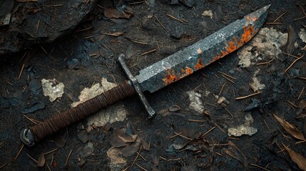 Aged Iron Dagger with Rustic Charm: Weathered Blade and Dark Handle Surrounded by Earthy Debris