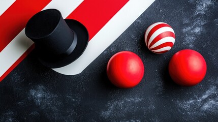 Colorful Circus Still Life with Red Balls and a Black Top Hat on Dark Textured Background, evoking a sense of magic and playful entertainment