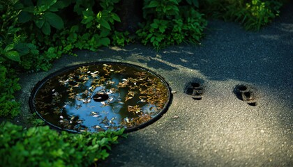 Urban Drainage and Natural Reflections: A close-up shot showcases the intricate interplay of urban infrastructure and the natural world, capturing a drain amidst a setting of vibrant greenery.