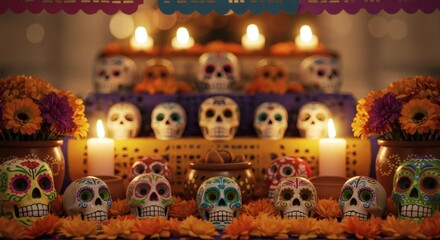 Vibrant Calaveras and Marigolds Day of the Dead Ofrenda Altar