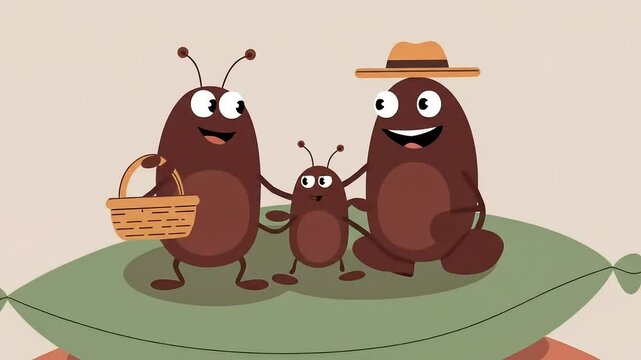 A cute 2D animation of a happy insect family with a child standing on a stack of soft pillows, singing together