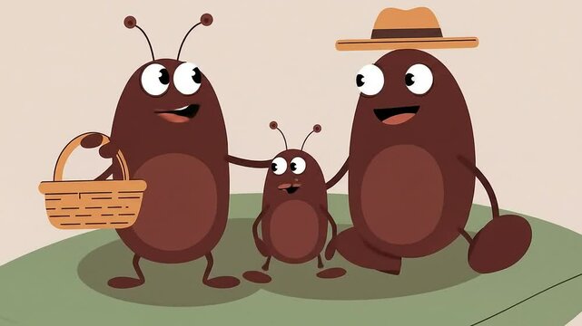 A cute 2D animation of a happy insect family with a child standing on a stack of soft pillows, singing together