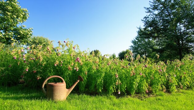 Gardening Serenity: A tranquil garden scene, capturing the essence of growth and care, with a watering can resting amidst lush greenery, evoking feelings of peace and nurturing. - Powered by Adobe