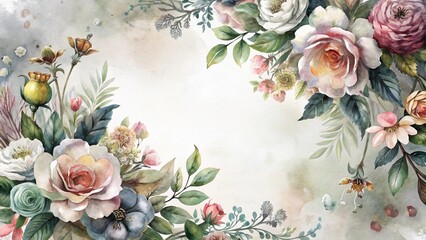 A lush watercolor floral arrangement framing a central blank space, with soft, muted tones. Ideal for wedding invitations, greeting cards, elegant website headers, or nature-themed blogs.

