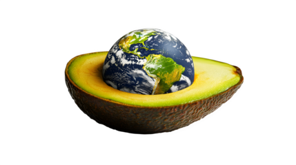 Hyperrealistic render of a single, perfect avocado half, the pit replaced by a smooth, polished Earth globe, symbolizing healthy planet/food, isolated on Transparent background