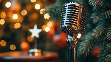 Vintage microphone with holiday lights and festive atmosphere. Merry Christmas. Happy New Year - Powered by Adobe