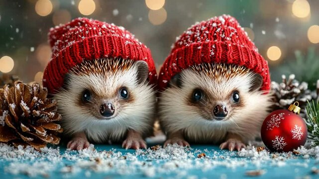 Adorable hedgehogs in red hats amidst snowy christmas backdrop. Merry Christmas. Happy New Year
