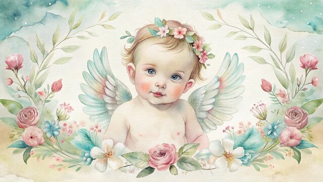 A watercolor illustration of a cherubic baby with wings and flowers, suitable for baby shower invitations or blogs about newborns and early childhood.
- Powered by Adobe