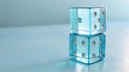 Two Stacked Transparent Blue Dice on a Light Blue Surface
