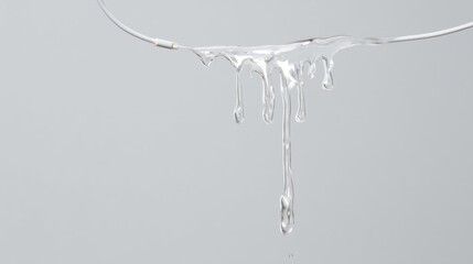 Single drop of water dripping down from a white wire. the water droplet is in the center of the image, with the wire extending upwards towards the top right corner.
