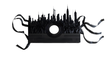 Hyperrealistic render of tangled audio cassette tape unraveling to form a detailed silhouette of a city skyline, isolated on Transparent background