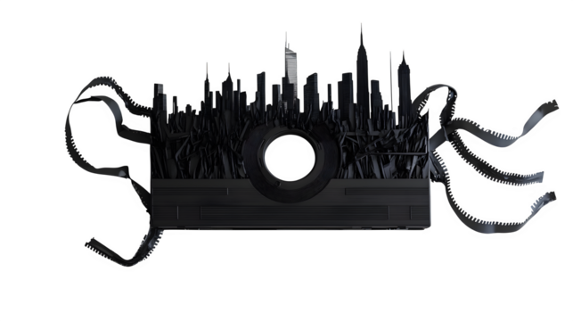 Hyperrealistic render of tangled audio cassette tape unraveling to form a detailed silhouette of a city skyline, isolated on Transparent background