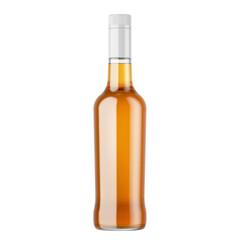A clear glass bottle filled with amber liquid, likely a spirit or flavored beverage.