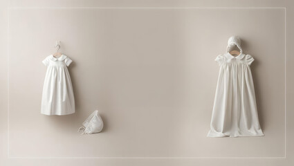 Elegant Christening Gowns and Bonnet on Neutral Background with Copy Space for Text