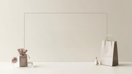 Elegant Gift Presentation: Minimalist Design with Copy Space, Featuring a Gift Bag, Memento and Decorative Elements