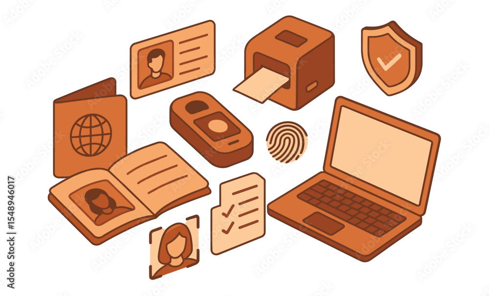 Poster digital identity verification tools and security icons with passport and laptop