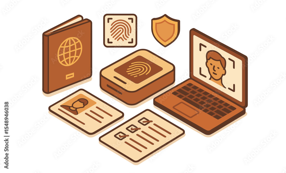 Poster digital identity verification tools: biometric scanner and secure laptop interface