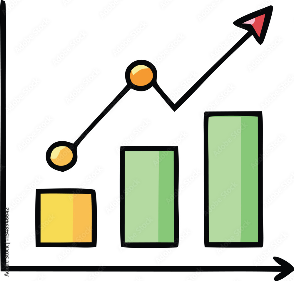 Poster hand drawn chart showing upward trend with increasing bar heights and a rising line graph with a red