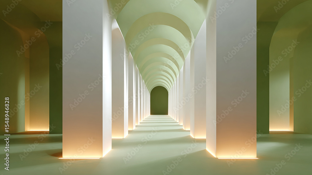 Poster bright geometric corridor with soft glowing light creating warm inviting atmosphere and modern minim