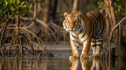 Naklejka premium A bengal tiger walks through a mangrove forest