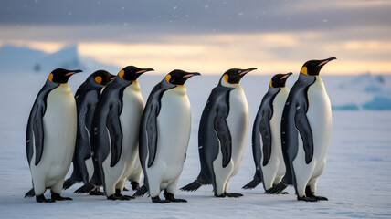 Obraz premium A group of king penguins stands on the snow in antarctica